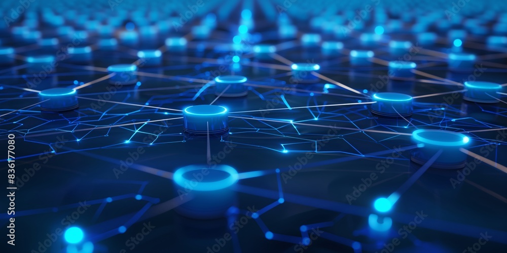 Obraz premium digital network with blue glowing nodes connected by sleek lines background