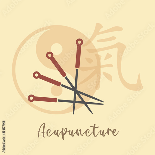 Acupuncture Needles, yin yang symbol and kanji QI,. A vintage symbol of traditional medicine.