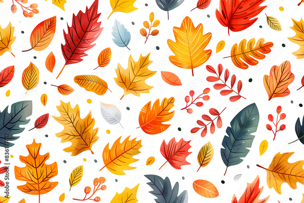 Fototapeta premium Leaves colored in autumn colors on tree branches creative colorful illustration design on white background, September fall background.