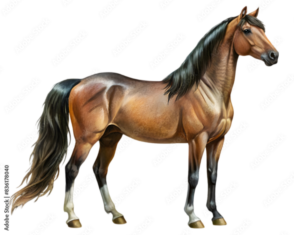 Fototapeta premium Arabian Horse Side View Illustration, Brown Color, Isolated on White Background, Ideal for Equestrian and Nature Design Projects 