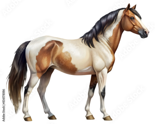 Paint Horse Side View Illustration, Pinto Color, Isolated on White Background, Perfect for Wildlife, Equestrian, and Farm Design Projects	