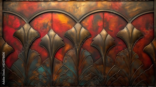 A close-up of a metal panel featuring an Art Deco design with floral motifs and a colorful, metallic finish