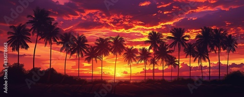 Sunset view with silhouette of palm trees on a tropical beach © cac_tus