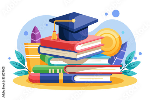 A vector illustration of a graduation cap on a stack of books. The background has abstract elements and leaves, symbolizing knowledge and achievement.