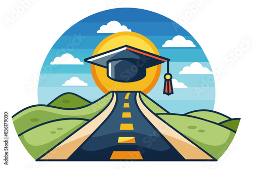 graduation cap on a road leading to a bright future, symbolizing the path to academic success and achievement.