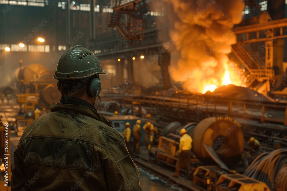 a worker giving a briefing at a steel factory, with some workers wearing hard hats and working standing behind him at a steel factory, warm color a worker giving a briefing at a steel factory, with some workers wearing hard hats and working standing behind him at a steel factory, warm color