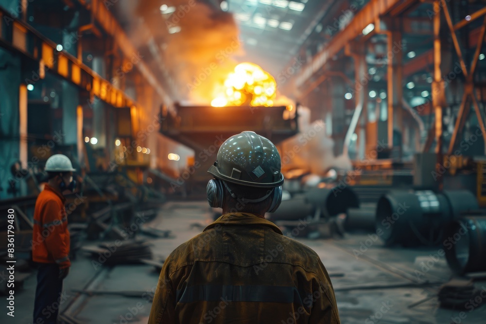a worker giving a briefing at a steel factory, with some workers wearing hard hats and working standing behind him at a steel factory, warm color a worker giving a briefing at a steel factory, with some workers wearing hard hats and working standing behind him at a steel factory, warm color