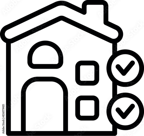 Linear house icon with checklist marks, symbolizing property evaluation or inspection