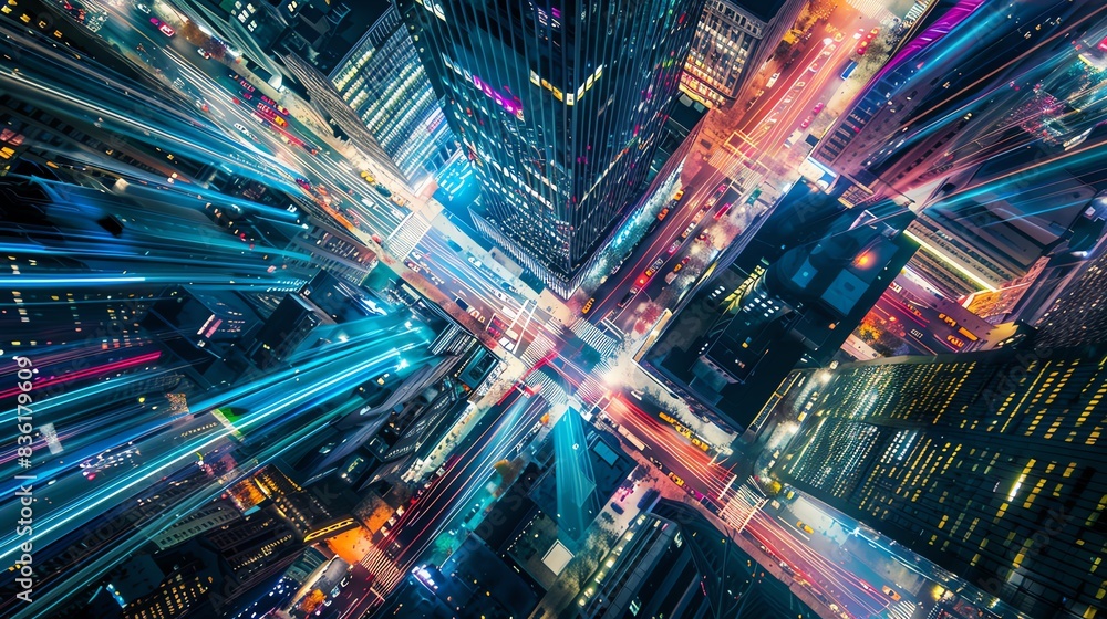 Aerial view of a bustling city at night with vibrant light trails Aerial view of a bustling city at night with vibrant light trails