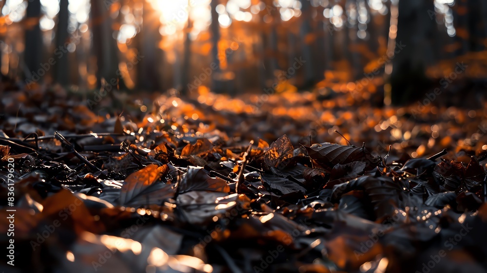 Close-up of autumn leaves on forest floor with sunlight shining through trees. Close-up of autumn leaves on forest floor with sunlight shining through trees.