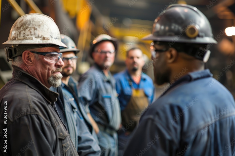 a worker giving a briefing at a steel factory, with some workers wearing hard hats and working standing behind him at a steel factory, warm color a worker giving a briefing at a steel factory, with some workers wearing hard hats and working standing behind him at a steel factory, warm color