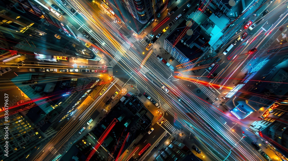 Aerial view of a city intersection at night with traffic light trails. Aerial view of a city intersection at night with traffic light trails.