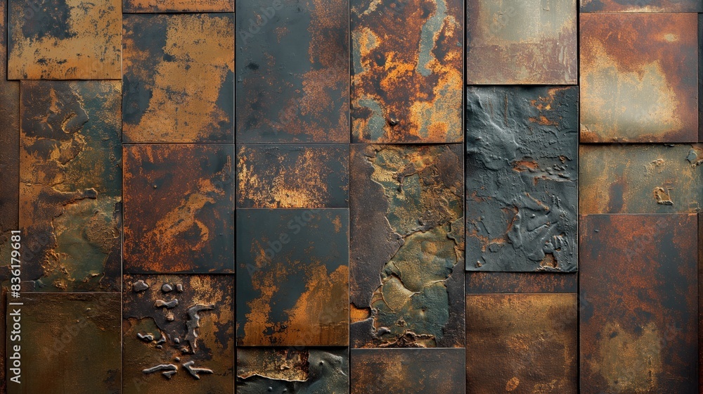 Close-up of a wall covered in rusty metal tiles, creating a unique and textured surface Close-up of a wall covered in rusty metal tiles, creating a unique and textured surface
