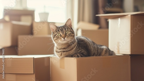 Tabby cat sitting inside cardboard box during move.