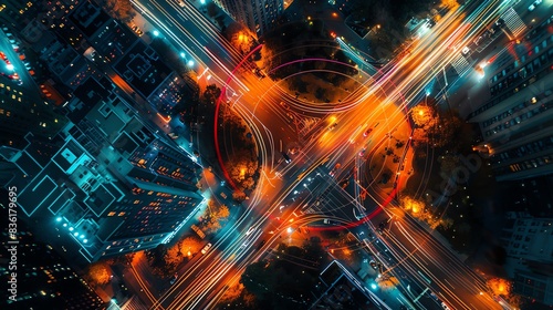 Aerial view of a city intersection at night with light trails from traffic.