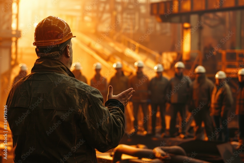 a worker giving a briefing at a steel factory, with some workers wearing hard hats and working standing behind him at a steel factory, warm color a worker giving a briefing at a steel factory, with some workers wearing hard hats and working standing behind him at a steel factory, warm color