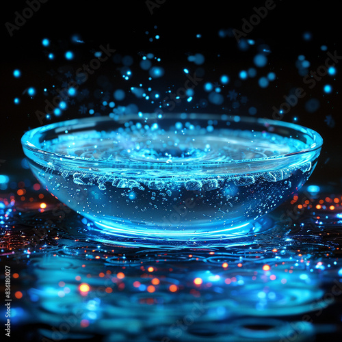 The 3D floating water stage with classical music is formed by blue and white light. In the background in black color. Stylish in the style of light painting.