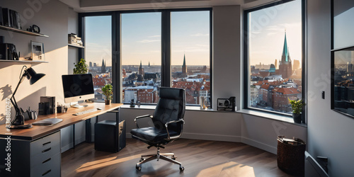    A peaceful Scandinavian home office with a minimalist desk, a single chair, and a floor-to-ceiling window with a cityscape view   