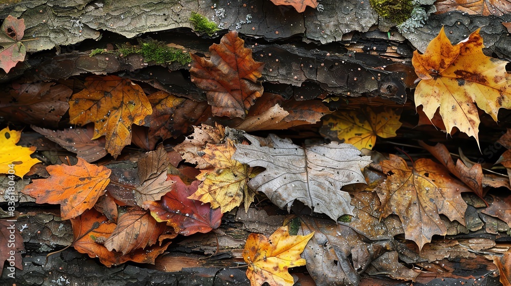 Macro shot of decomposing leaves, autumn soil, warm tones, detailed textures close up, forest decomposition, surreal, Composite, mossy log Macro shot of decomposing leaves, autumn soil, warm tones, detailed textures close up, forest decomposition, surreal, Composite, mossy log