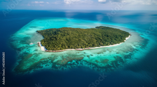 Tropical island surrounded by turquoise waters  aerial view 