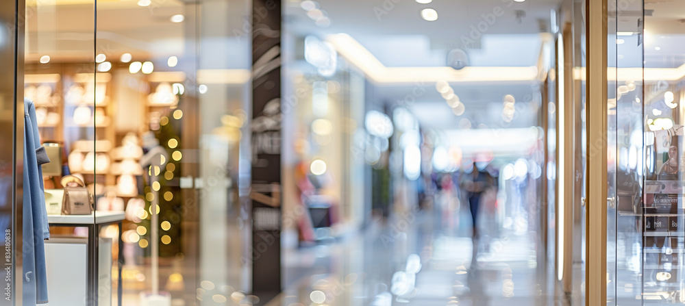 a close-up image of a high-end boutique store entrance within a shopping mall, while the blurred background shows the interior of the store with fashionable displays, Interior, Sho a close-up image of a high-end boutique store entrance within a shopping mall, while the blurred background shows the interior of the store with fashionable displays, Interior, Sho