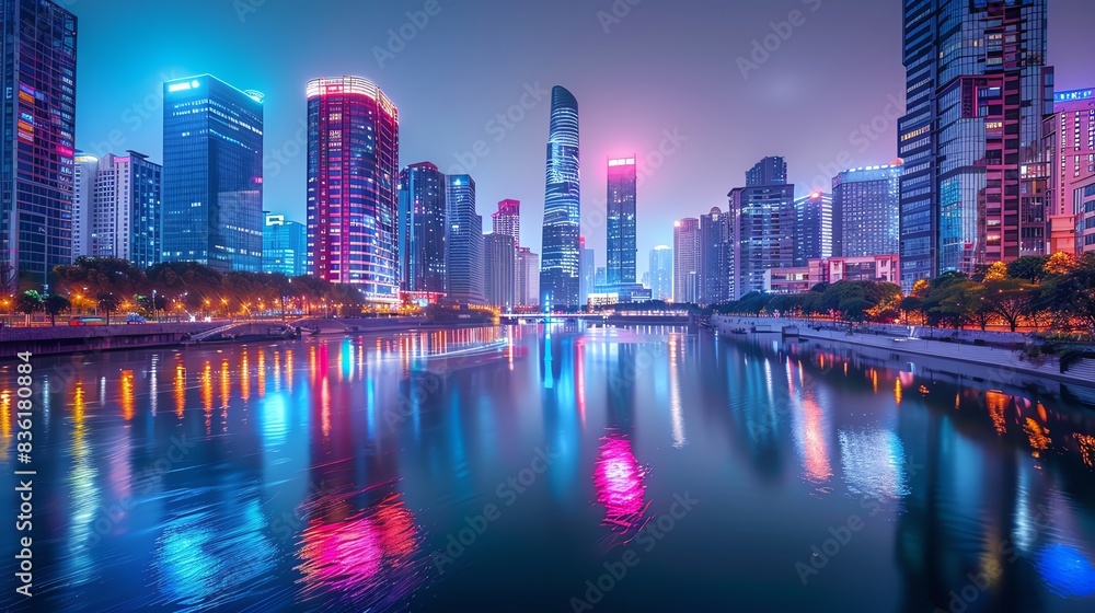 Obraz premium Modern cityscape skyline at night with vibrant lights reflecting on the water.