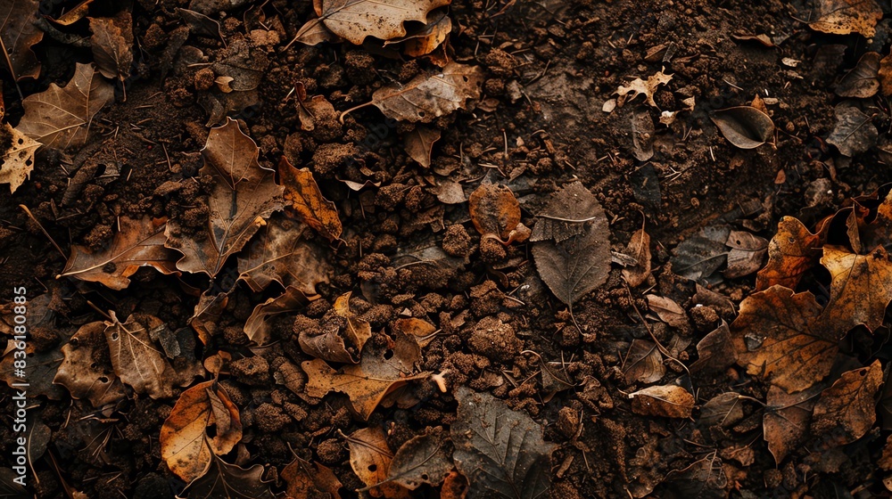 Soil with decomposing leaves, autumn forest, warm browns and oranges ...
