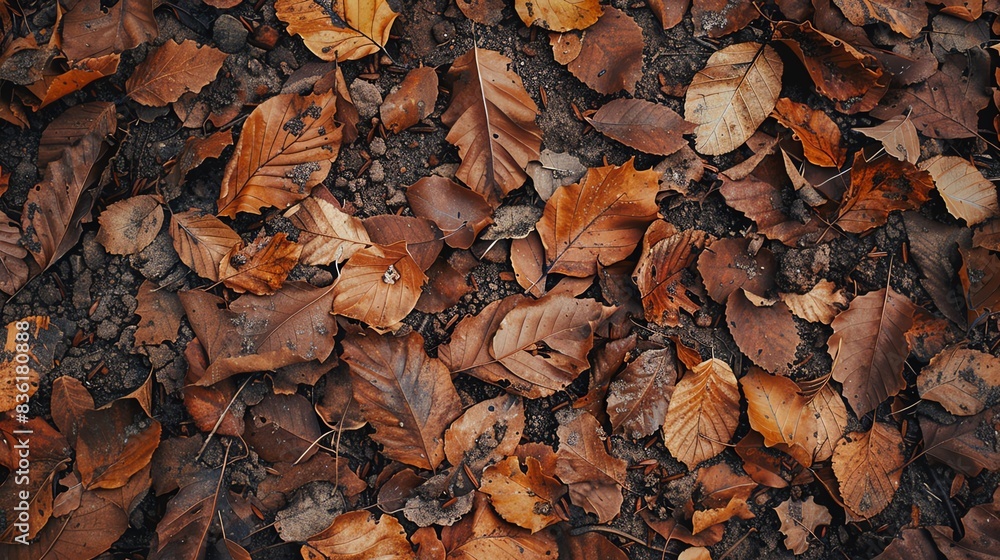 Close-up of fallen autumn leaves on the forest floor. Close-up of fallen autumn leaves on the forest floor.