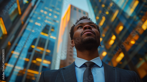 Image of businessman looking in front of city background