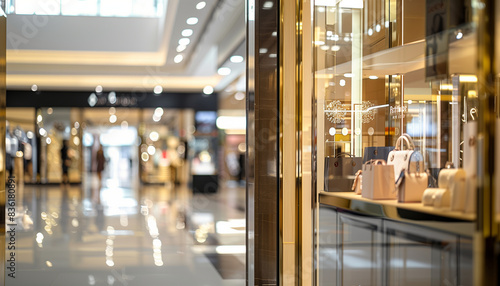 a close-up image of a high-end boutique store entrance within a shopping mall, while the blurred background shows the interior of the store with fashionable displays, Interior, Sho © Катерина Євтехова