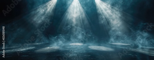 Abstract dark background, spotlights shining on the floor of an empty stage with smoke and fog