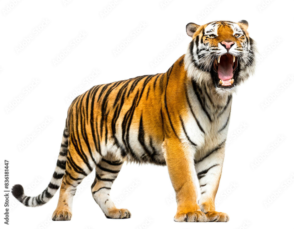 Obraz premium Brüllender Tiger auf vier beinen isoliert auf weißen Hintergrund, Freisteller 
