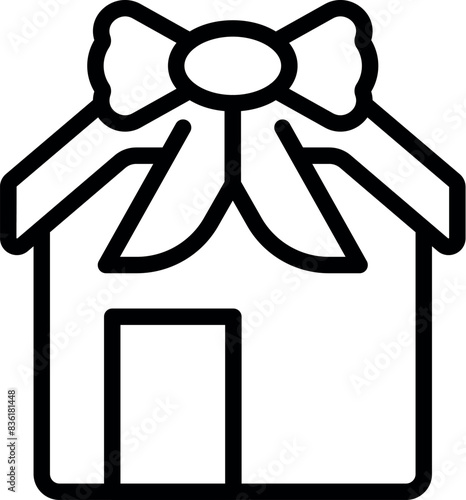 Black and white line art of a house icon with a decorative bow, symbolizing a housewarming gift