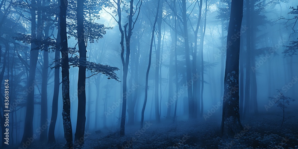 Obraz premium a dark forest with fog and trees