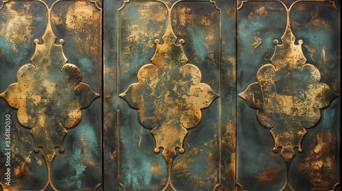 Three panels with a distressed, metallic finish and an intricate floral design