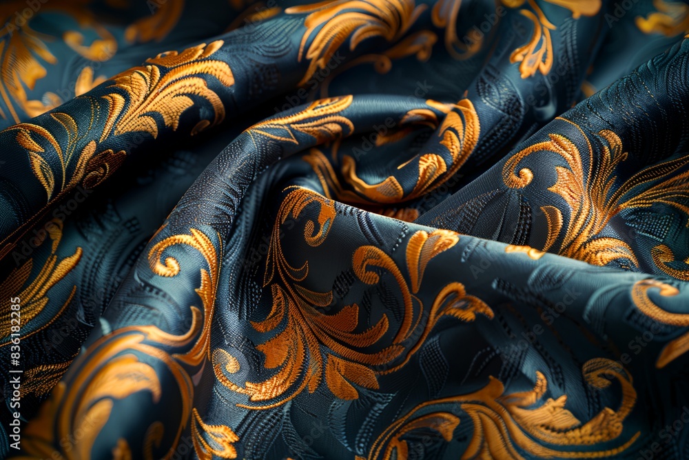 close up of a blue and gold fabric close up of a blue and gold fabric