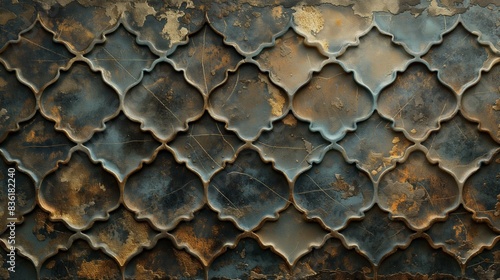 Close-up image of a metallic surface with intricate patterns and oxidized coloring