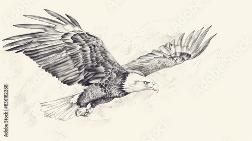 Detailed pencil sketch of a majestic bald eagle in flight, showcasing its powerful wings and sharp beak against a light background.