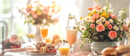 a table with a vase of flowers and a plate of food with a glass of orange juice © inspiretta