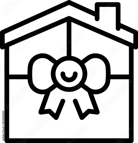 Simple line art of a house adorned with a large, festive bow, symbolizing celebration or gifting