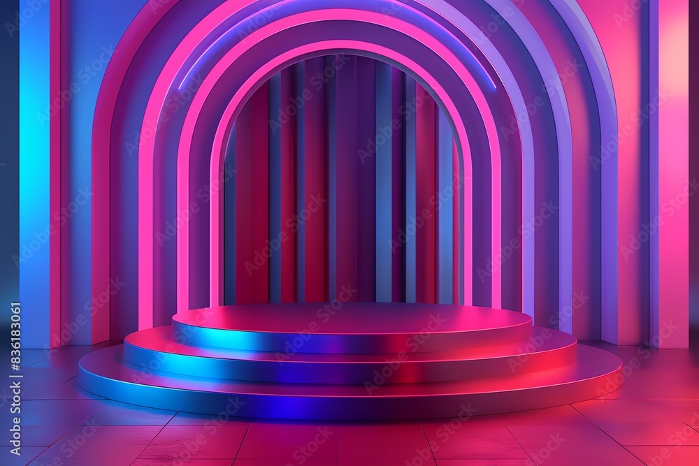 set of steps with a neon colored background and a circular arch with a bright light set of steps with a neon colored background and a circular arch with a bright light