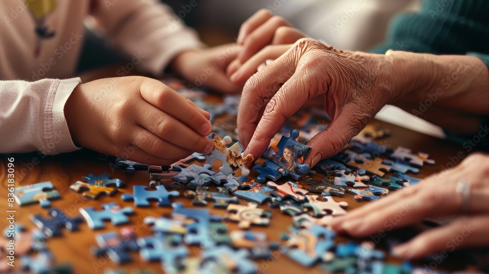 Close up of unrecognizable family playing jigsaw puzzle game together at home Close up of unrecognizable family playing jigsaw puzzle game together at home