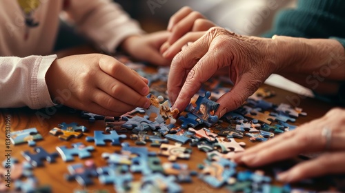 Close up of unrecognizable family playing jigsaw puzzle game together at home 