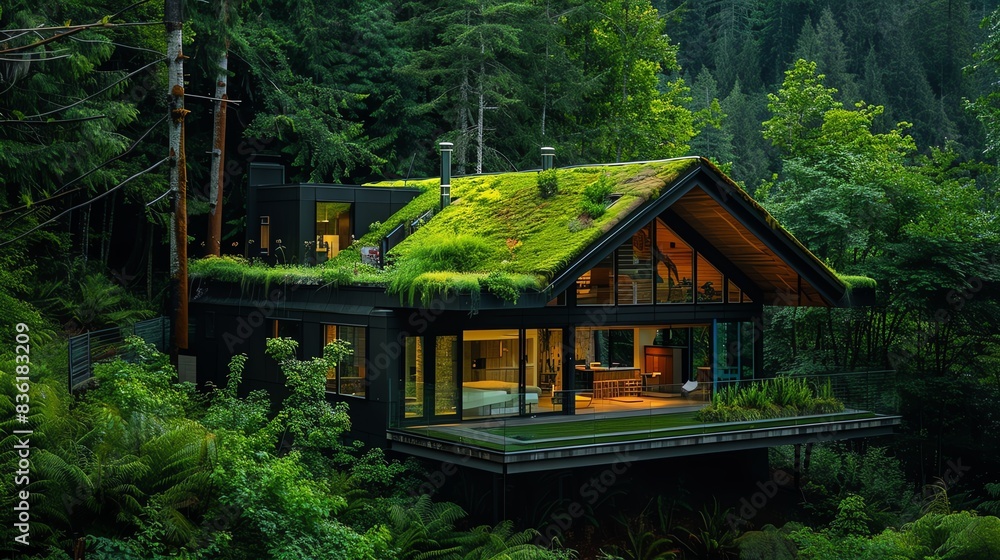 Modern house with a green roof nestled in a lush forest. Modern house with a green roof nestled in a lush forest.