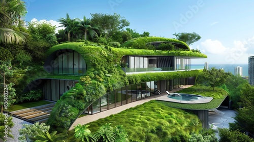 Modern, sustainable home with green roof and lush landscaping. © Pikul