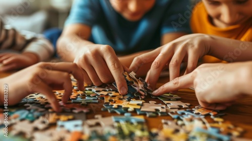 Close up of unrecognizable family playing jigsaw puzzle game together at home 