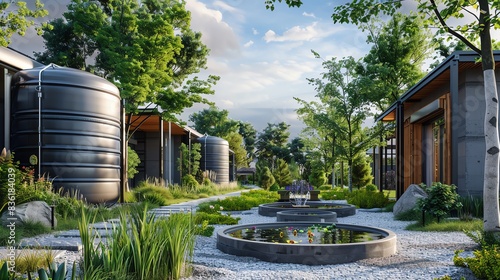 Tranquil zen garden with water features and modern architecture.