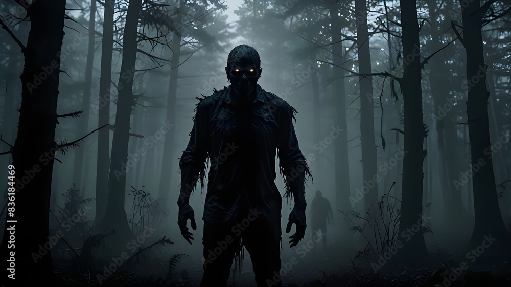 Humanoid monsters in the misty forest. A zombie is found in the dark ...