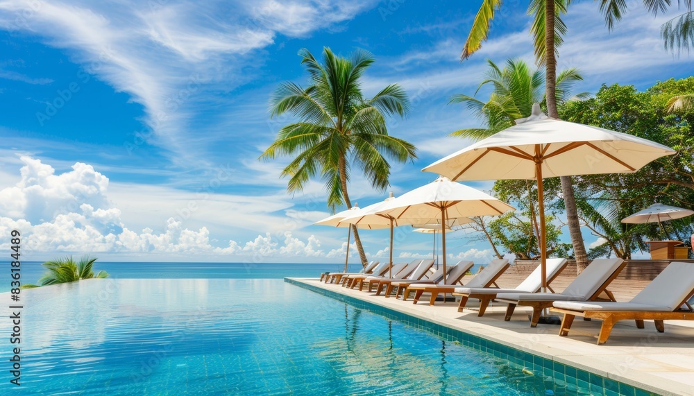 Luxury beach resort hotel swimming pool, seaside vacation landscape with palm trees and beach chairs Luxury beach resort hotel swimming pool, seaside vacation landscape with palm trees and beach chairs