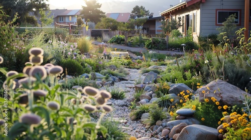 Sustainable landscaping in ecoconscious homes, selective focus on xeriscaping, reduced maintenance, surreal, manipulation, suburban ecovillage garden backdrop